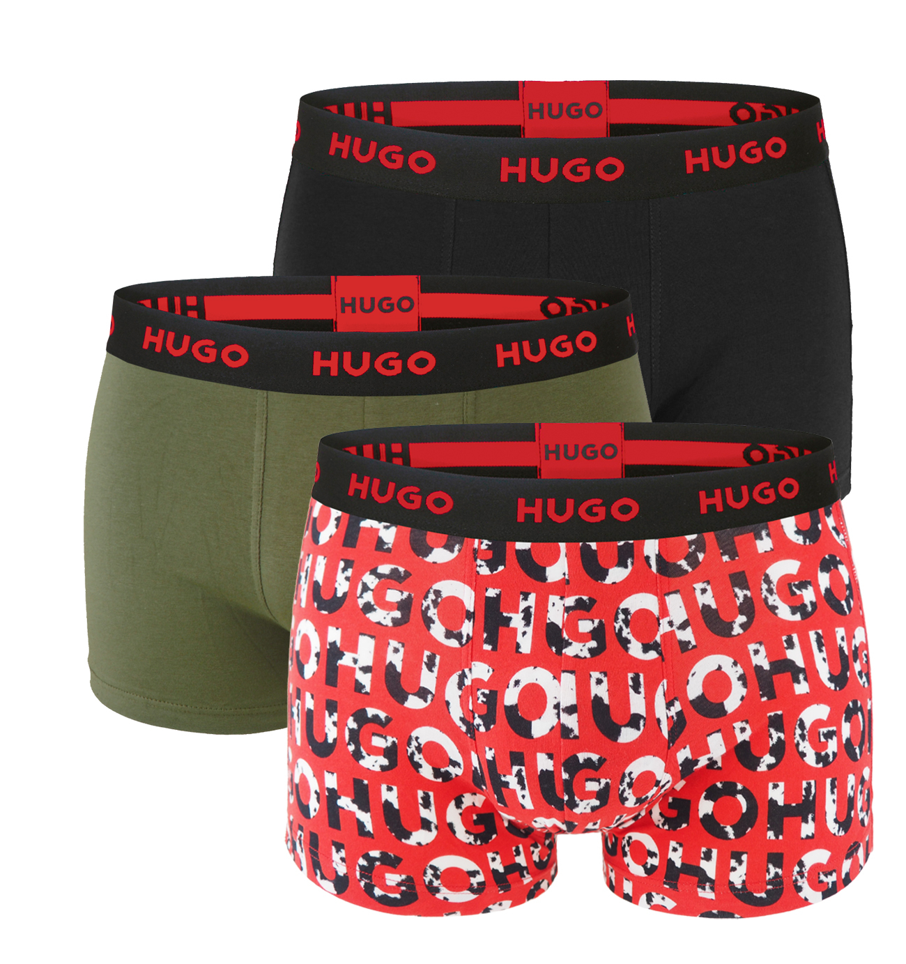 HUGO - boxerky 3PACK cotton stretch black & army green with red logo - limitovaná fashion edícia (HUGO BOSS)