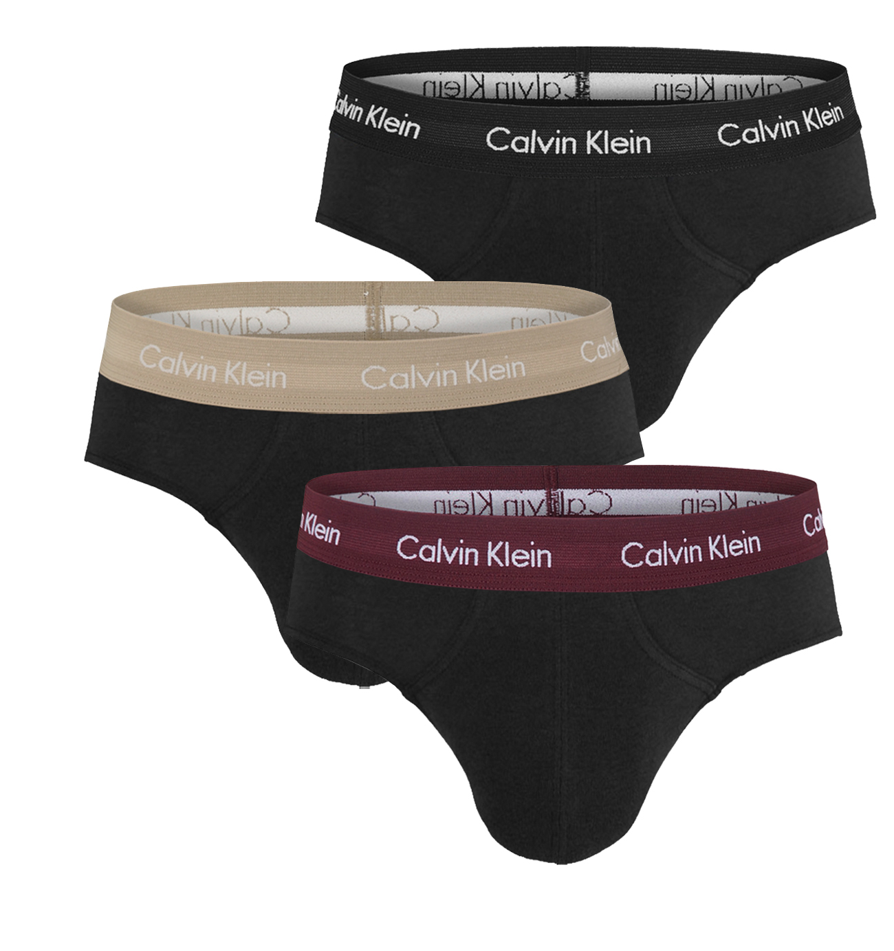 Calvin Klein - slipy 3PACK cotton stretch black with beige & burgundy waist - limitovaná edícia