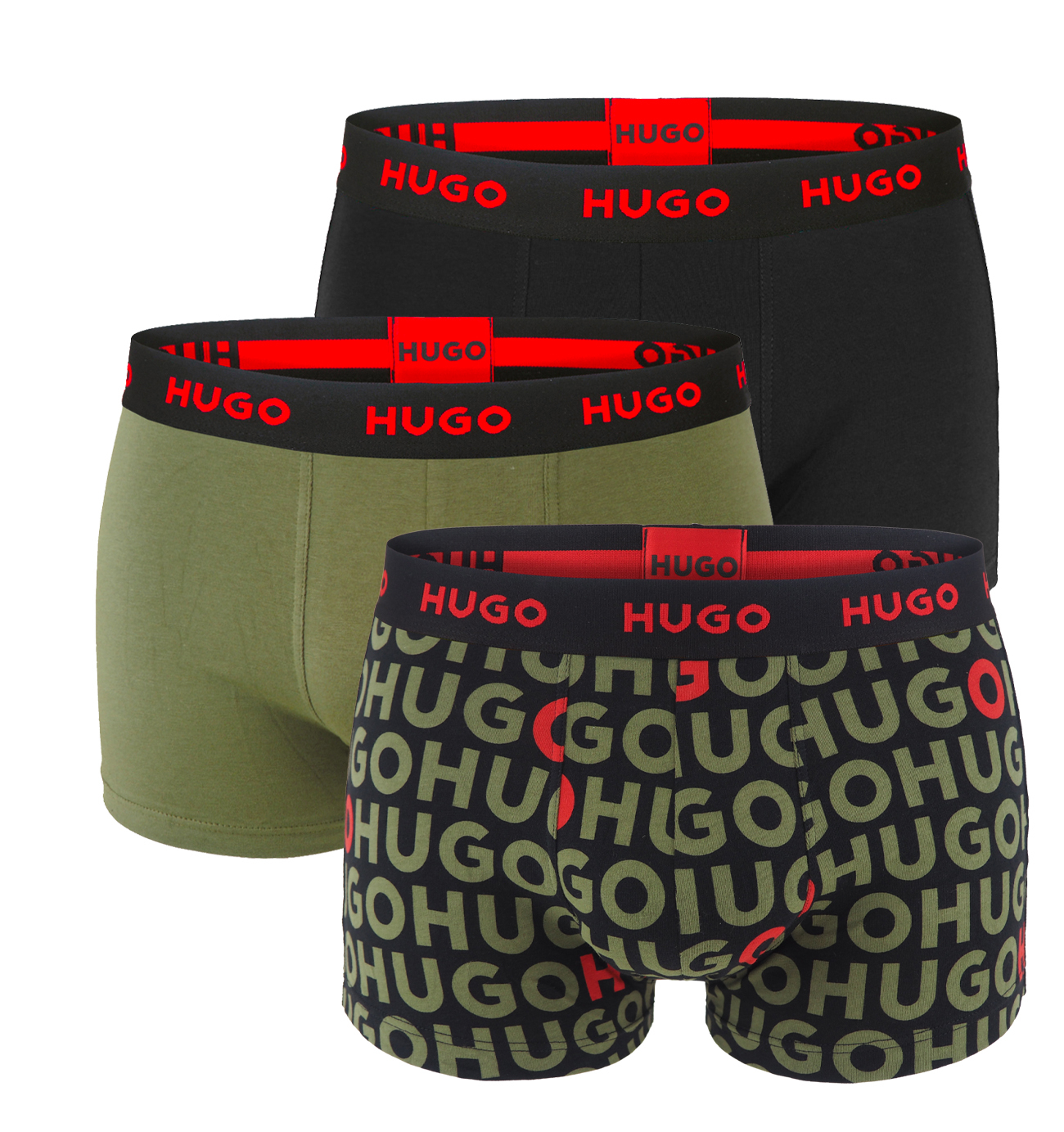 HUGO - boxerky 3PACK cotton stretch army green combo with red logo - limitovaná fashion edícia (HUGO BOSS)