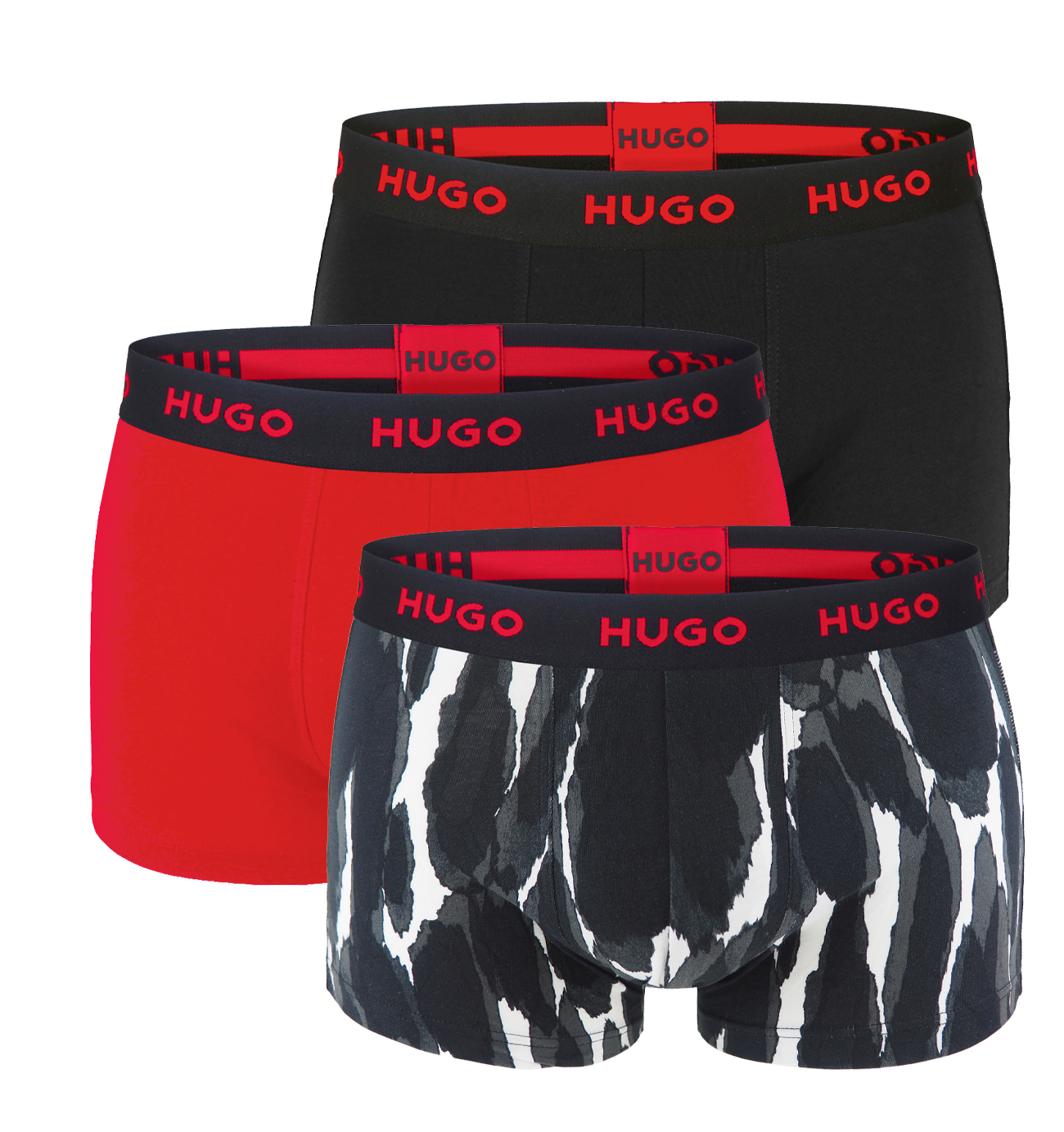 HUGO - boxerky 3PACK cotton stretch black & red with color shapes - limitovaná fashion edícia (HUGO BOSS)